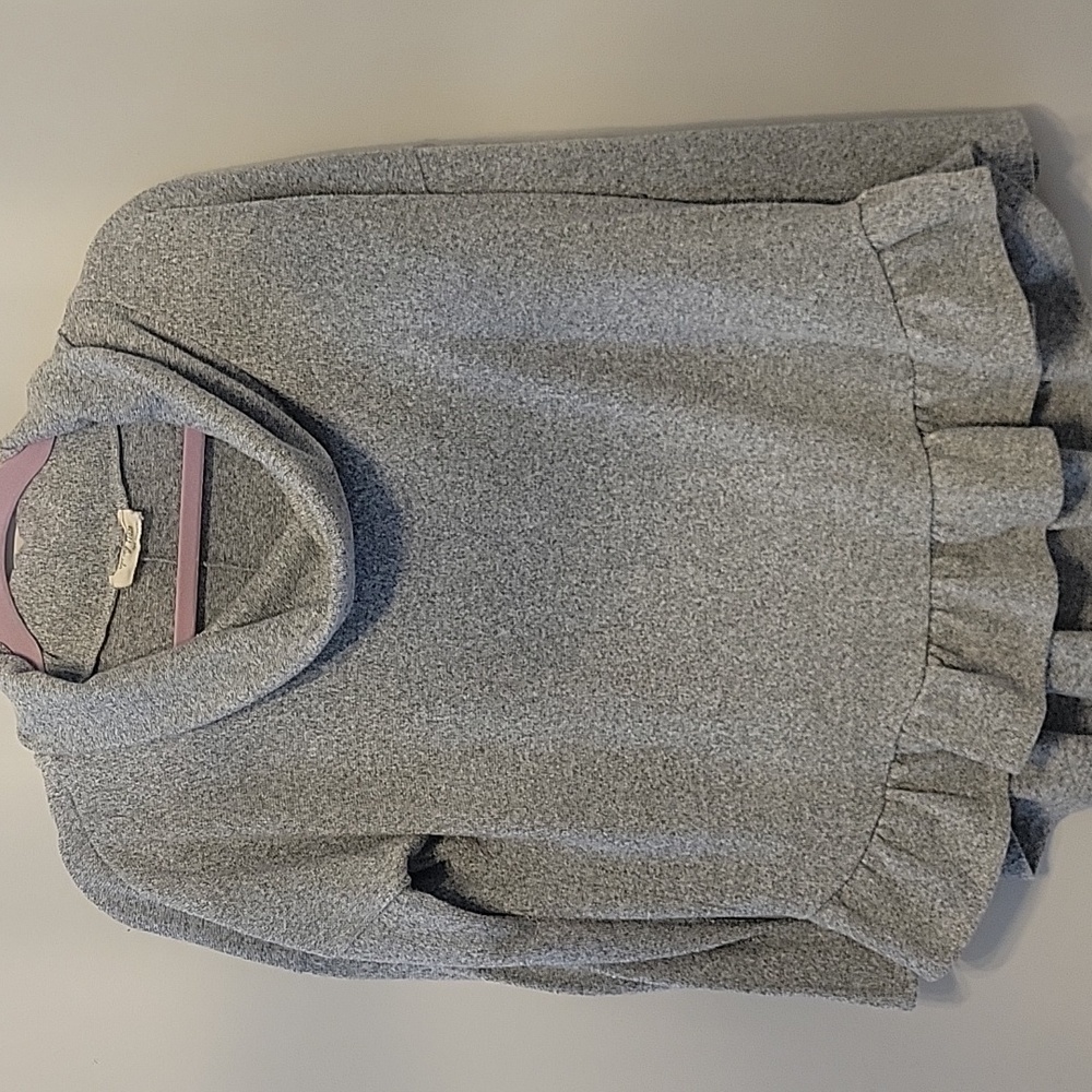 Spring Haze Cowl neck grey sweater. Ruffel on the bottom size small